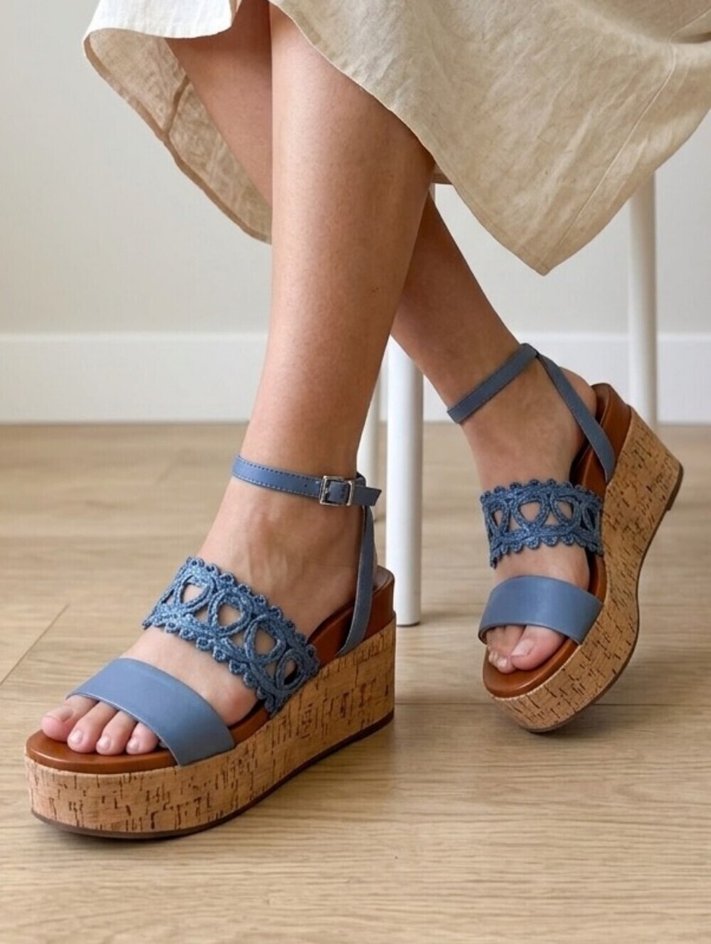 Jessica Simpson Callri Cork Platform Wedge Sandals Ash Blue NWT 7.5M Boho Chic
